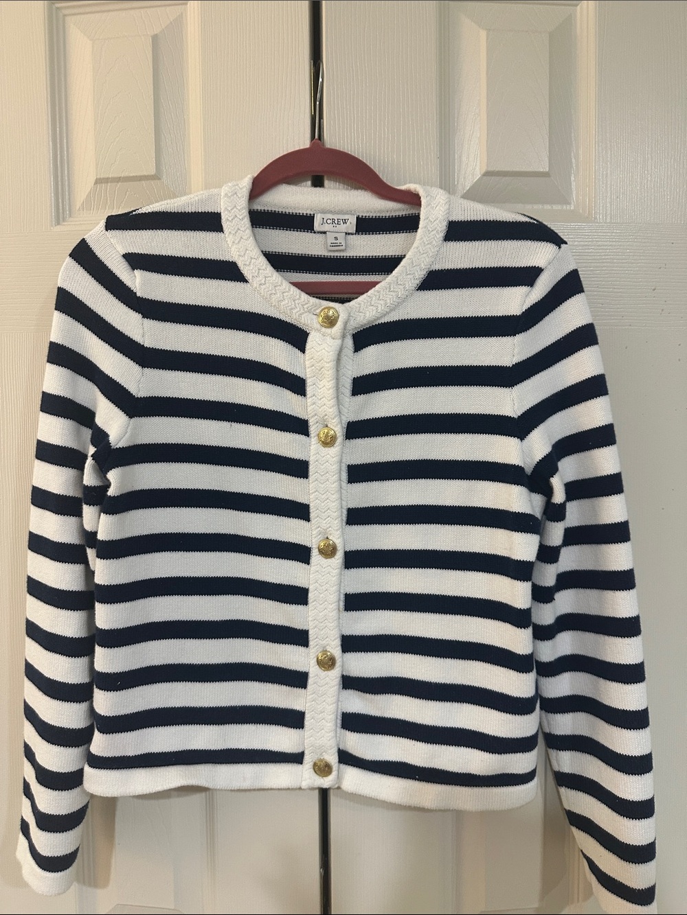 J. Crew Navy and White Striped Button-Up Cardigan with Gold Buttons